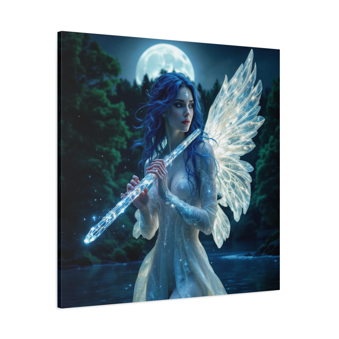 Moonlit Fairy Playing Crystal Flute Fantasy Night Forest Art Poster - Image 2