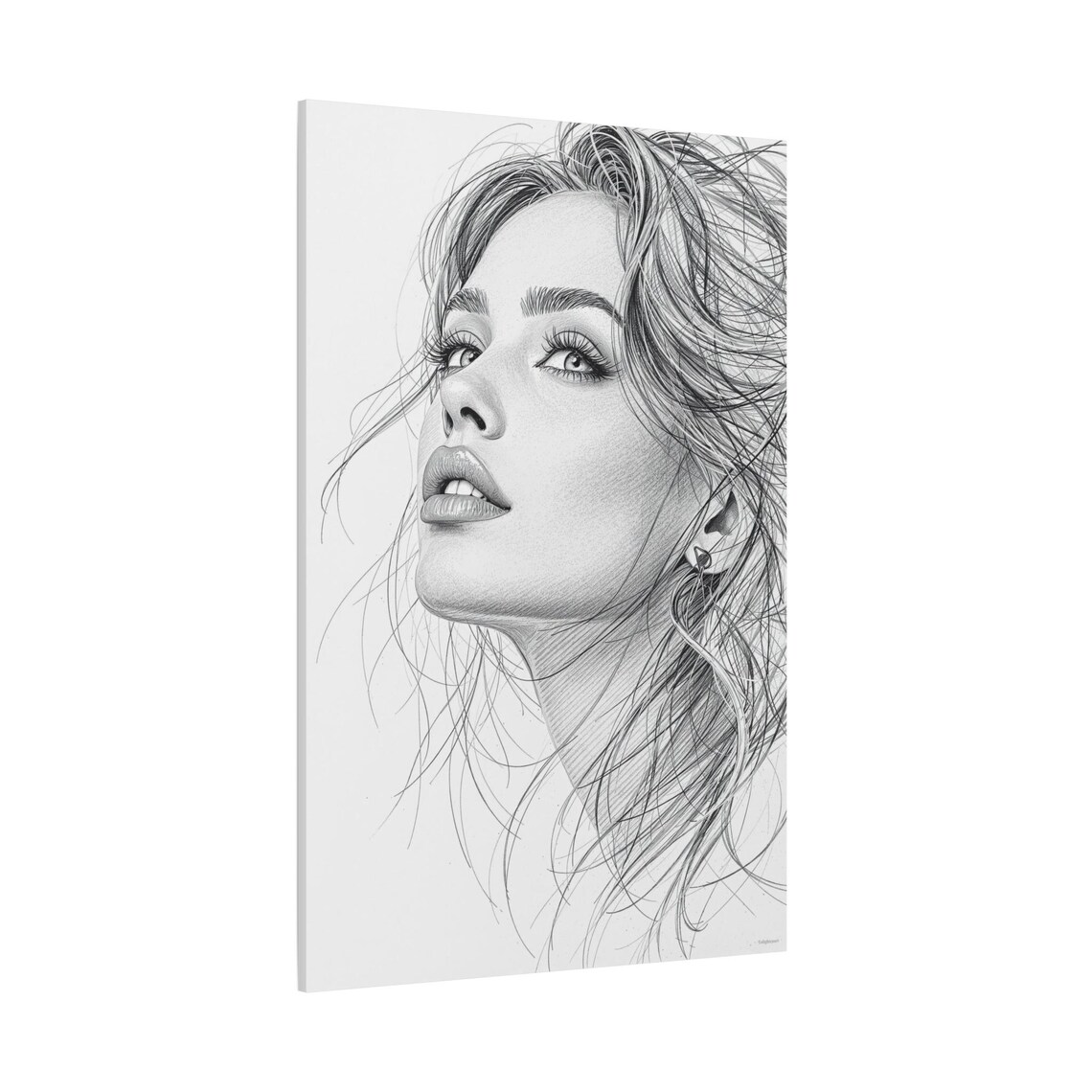 Monochrome Sketch Woman Portrait Windblown Hair Fine Art Drawing Print - Image 2