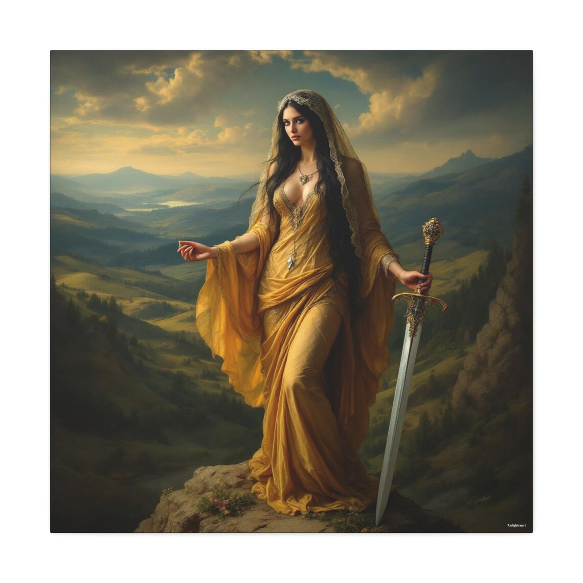 Golden Gown Warrior Woman Sword Mountain Valley Fantasy Art Print - Image 3