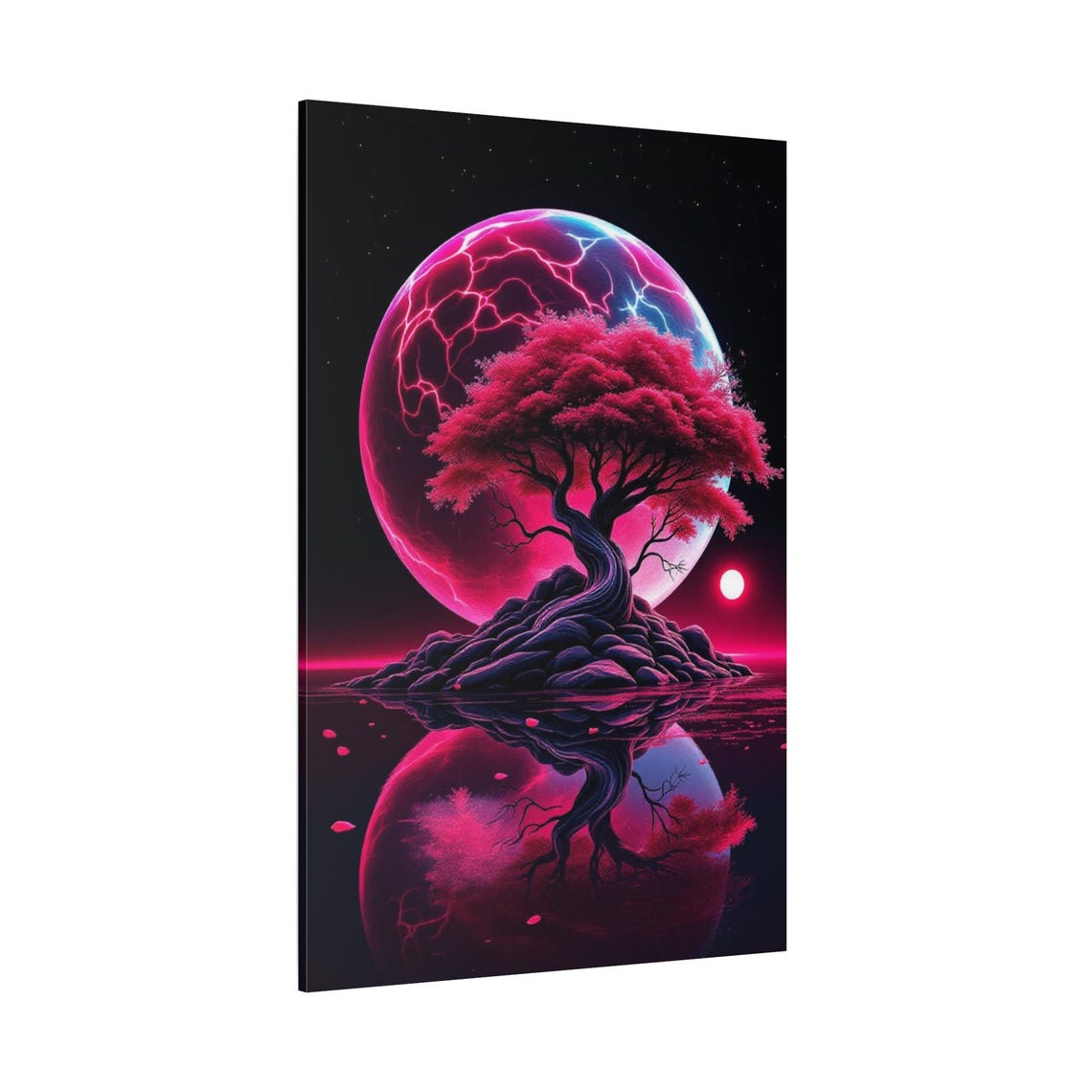 Neon Pink Tree Island Giant Moon Reflection Cosmic Art Poster - Image 2