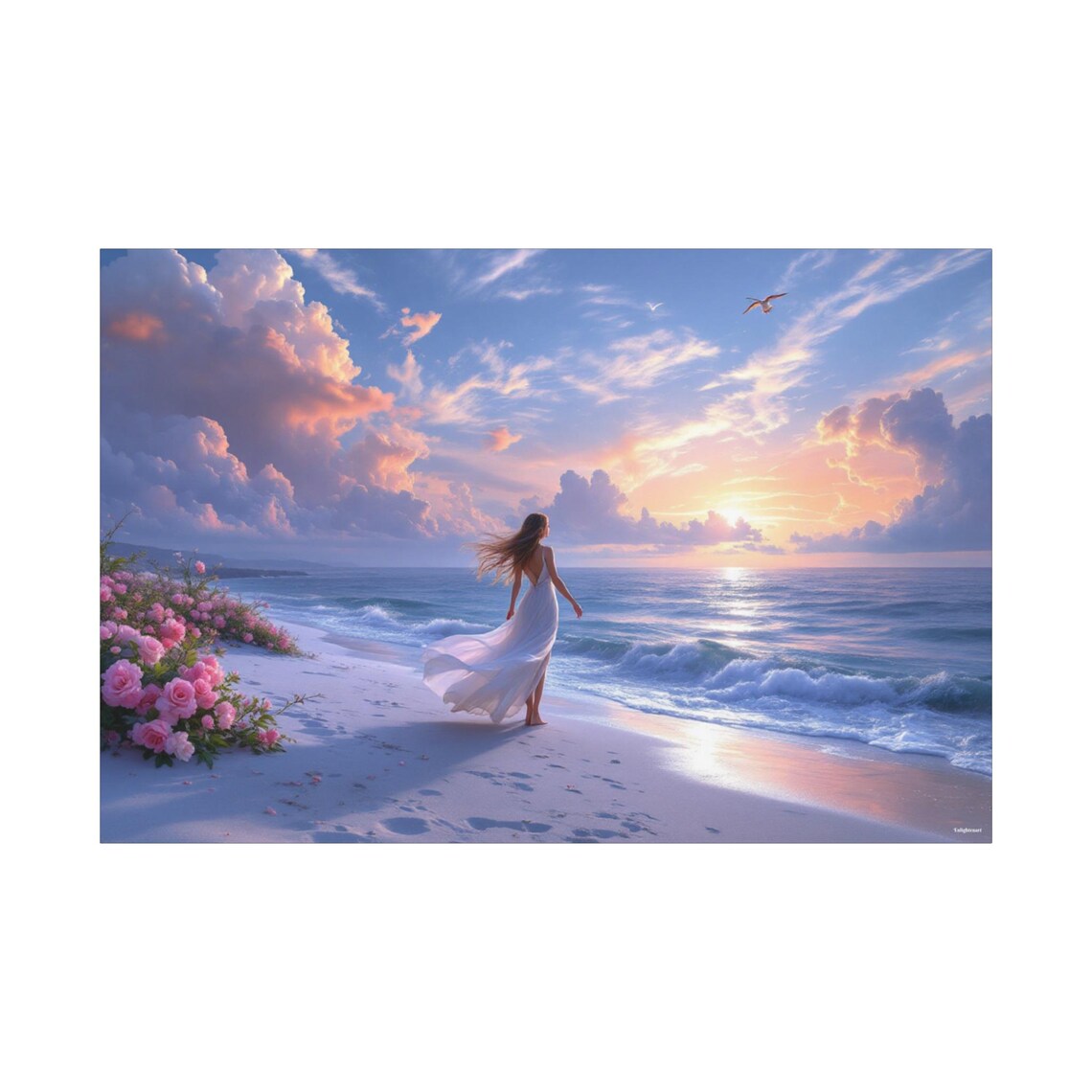 Woman In White Dress Walking A Flower Lined Sunset Beach Ocean Poster - Image 3