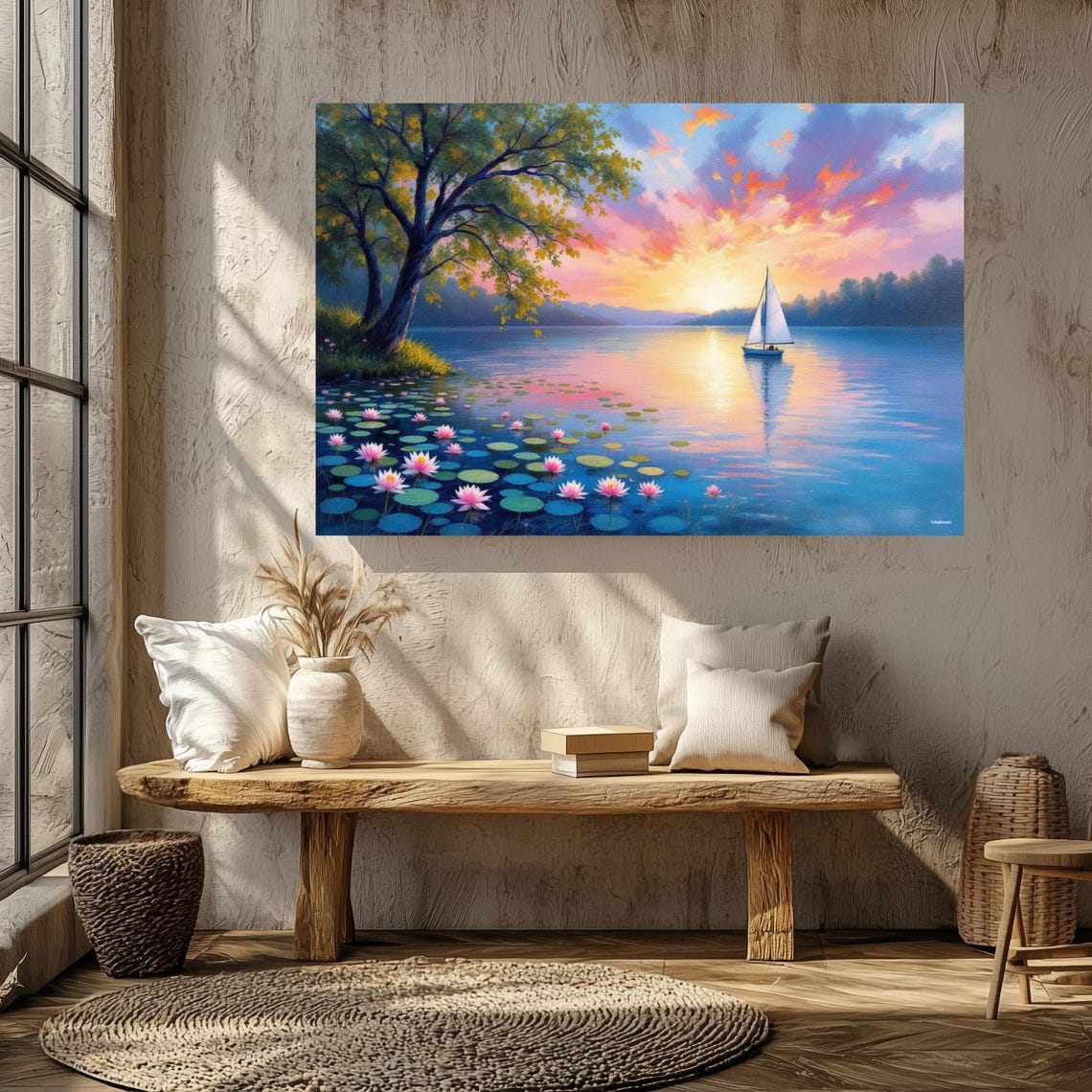 Sailboat Sunset Lake Water Lilies Impressionist Painting Art Poster