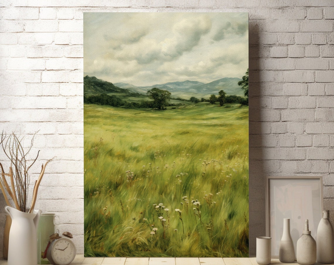 Green Wildflower Meadow Poster with Rolling Hills in Vintage Style