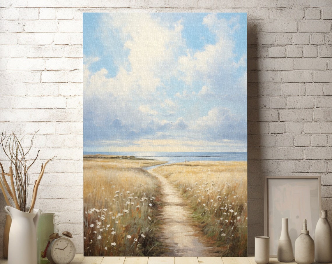 Sandy Beach Path Poster Through Dune Grass and Wildflowers to the Sea