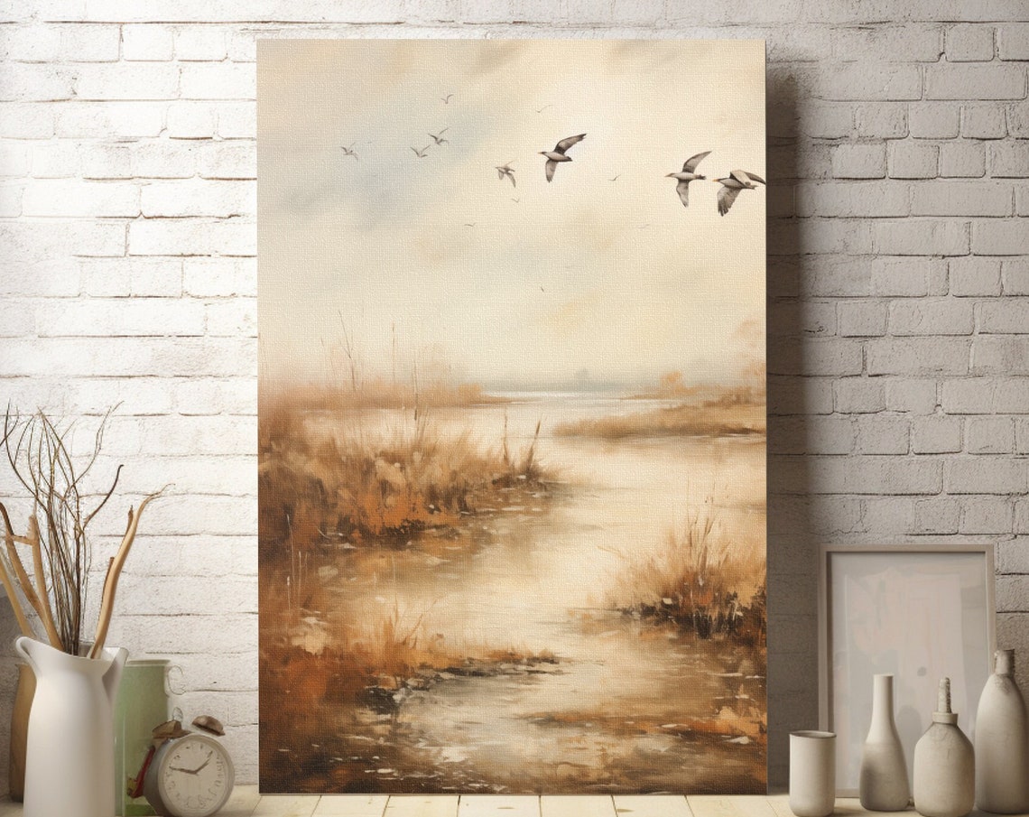 Misty Marsh Wetland with Flying Ducks at Dawn in Warm Tones Poster