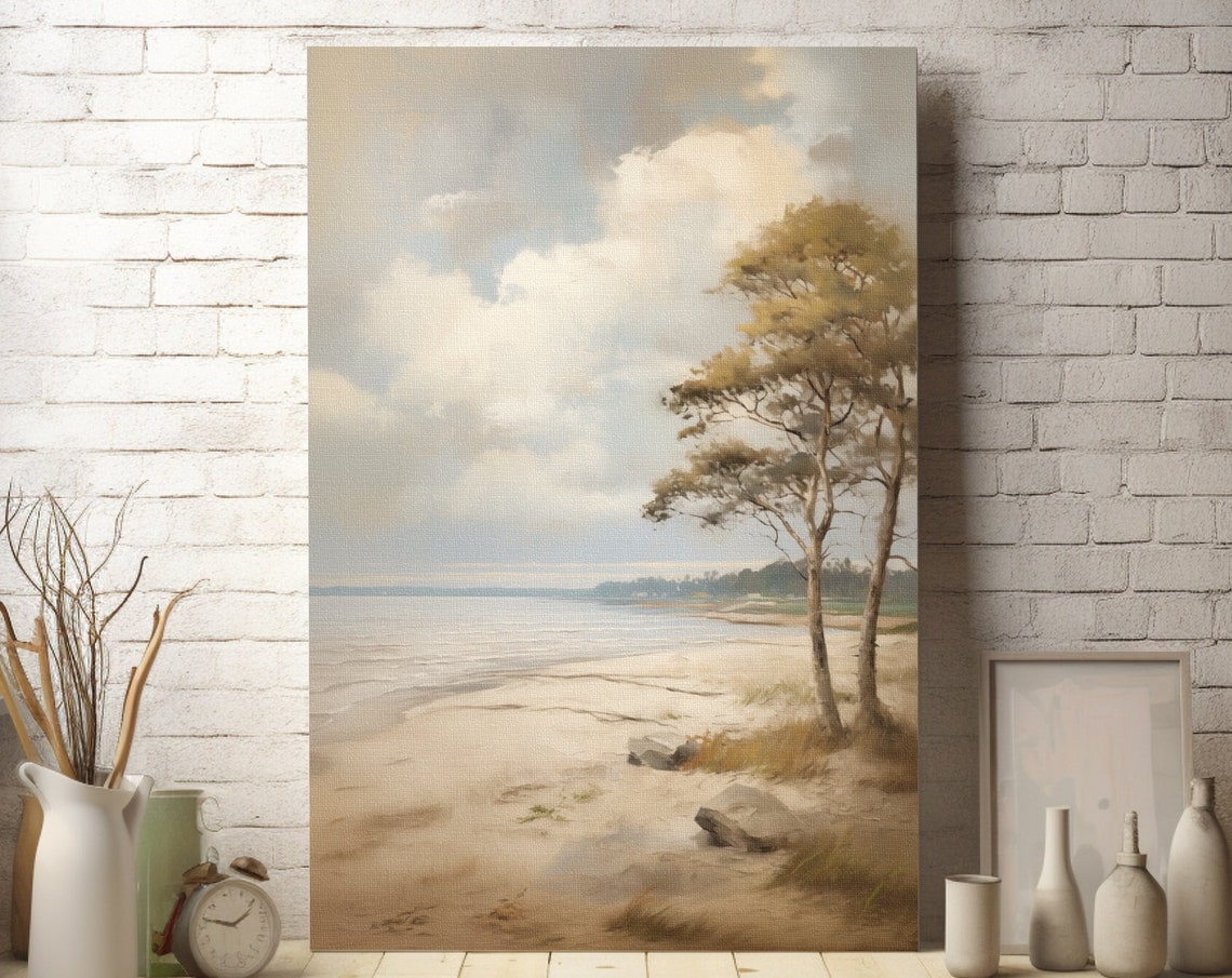 Serene Beach with Windblown Trees in Soft Neutral Tones Poster