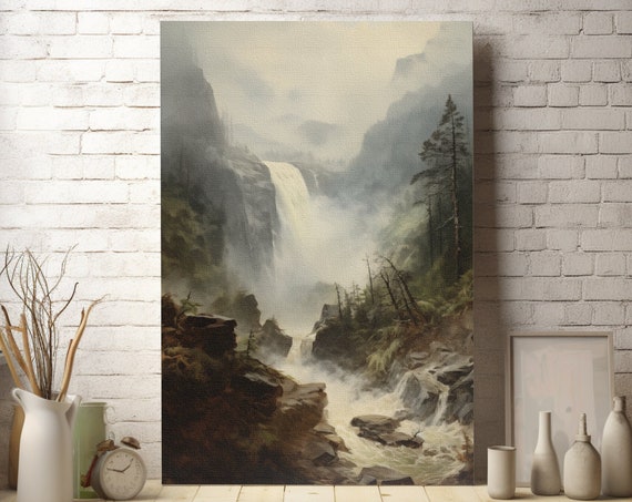 Vintage Landscape Wall Art Vintage Waterfall Art Rustic Nature Landscape River Waterfall Art Mountain Forest Wall Art