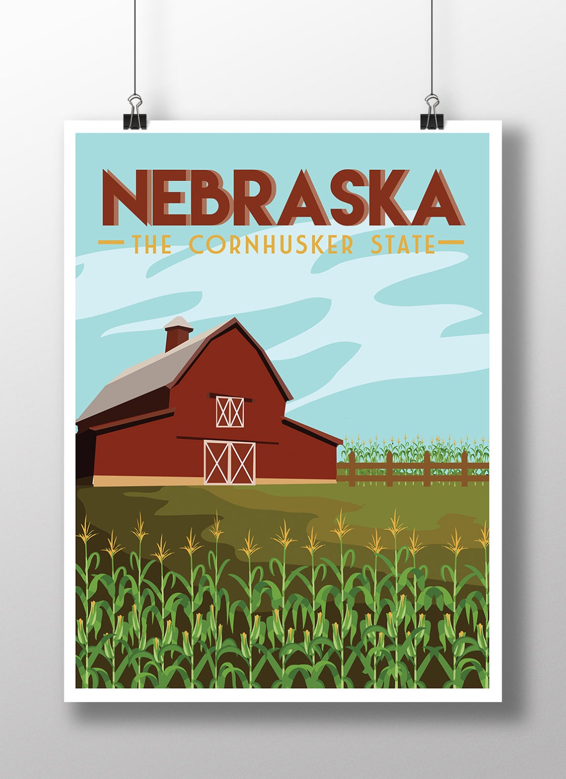 Nebraska Cornhusker State Red Barn Cornfields Retro Travel Farm Poster