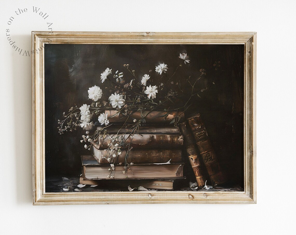 Rustic Book Stack Art Print, Moody Dark Academia