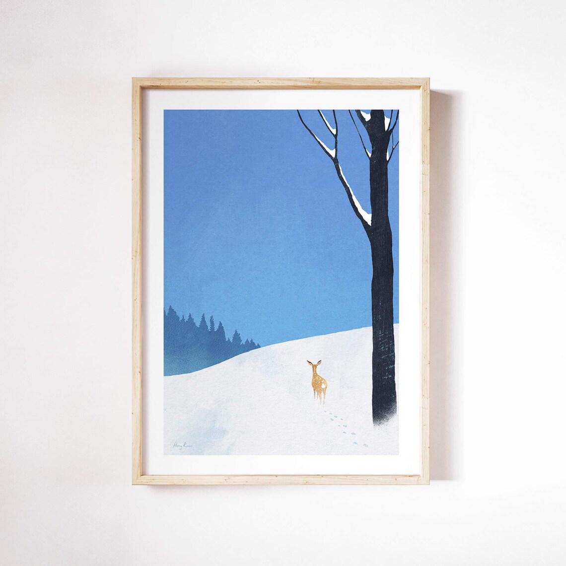 Deer in Snow by Henry Rivers, Winter Landscape Art Print