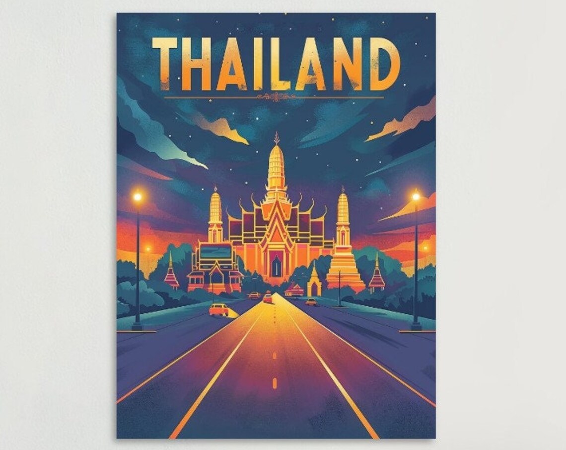 Thailand Golden Temple Starry Night Road Retro Travel Poster