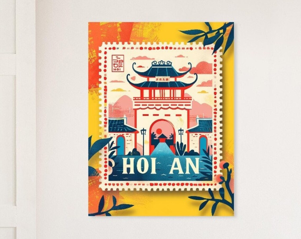 Hoi An Vietnam Japanese Bridge Vintage Travel Stamp Style Poster