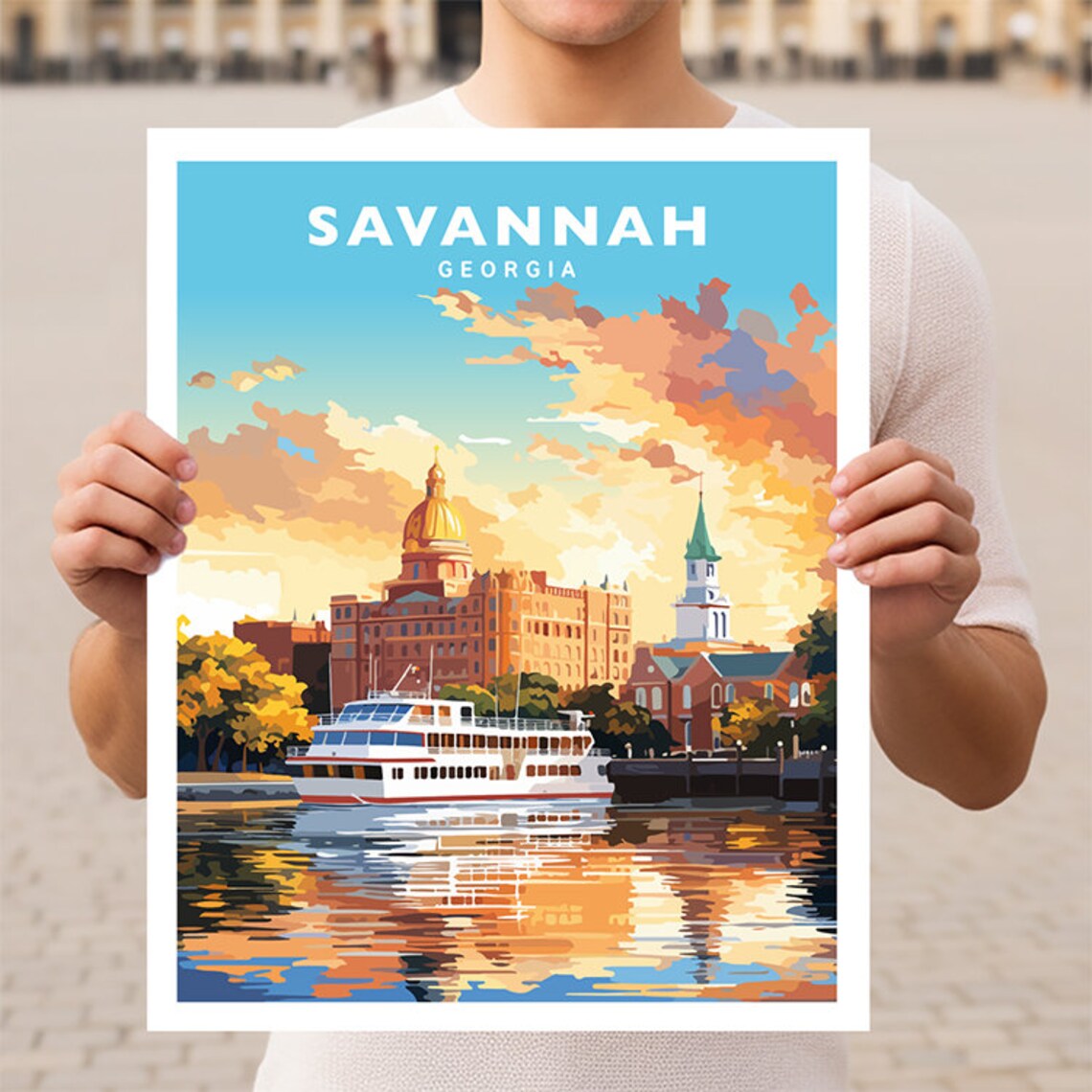 Savannah Georgia Travel Poster, Southern City Scene