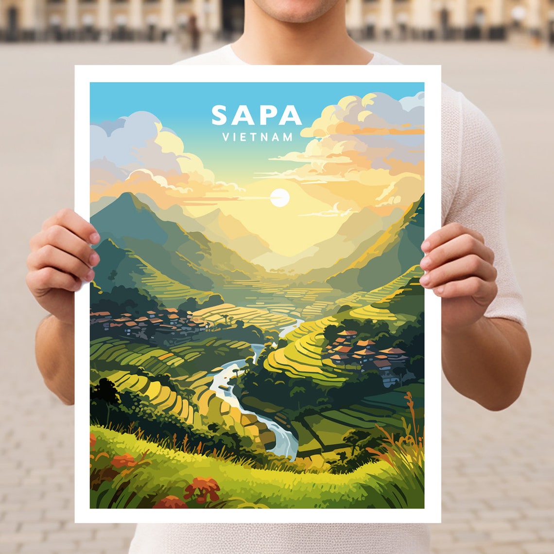 Sapa Vietnam Terraced Rice Fields Valley Golden Sunset Poster
