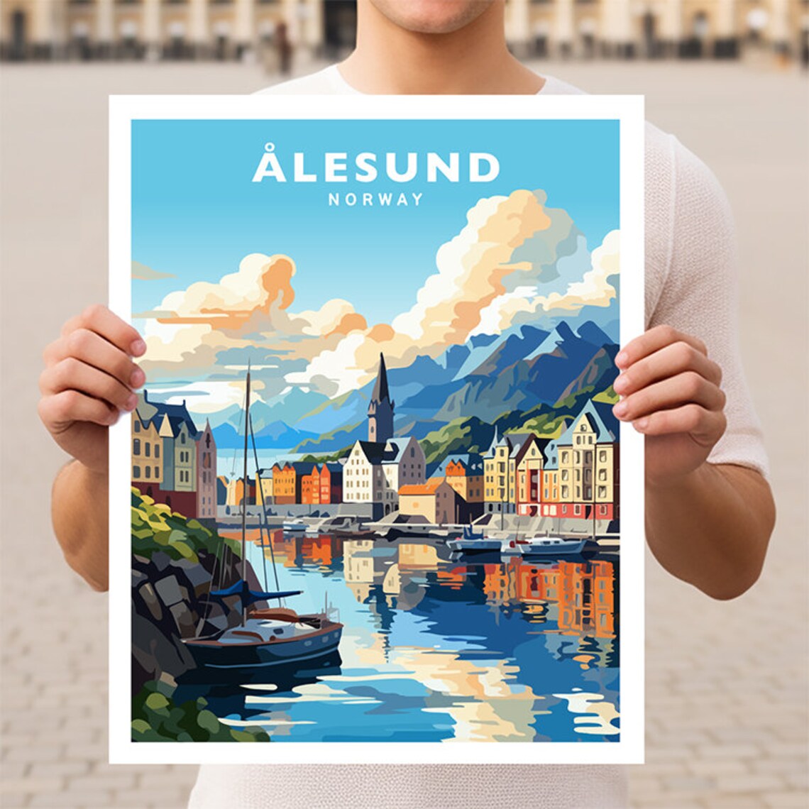 Alesund Norway Fjord Harbor Mountain Reflection Travel Poster
