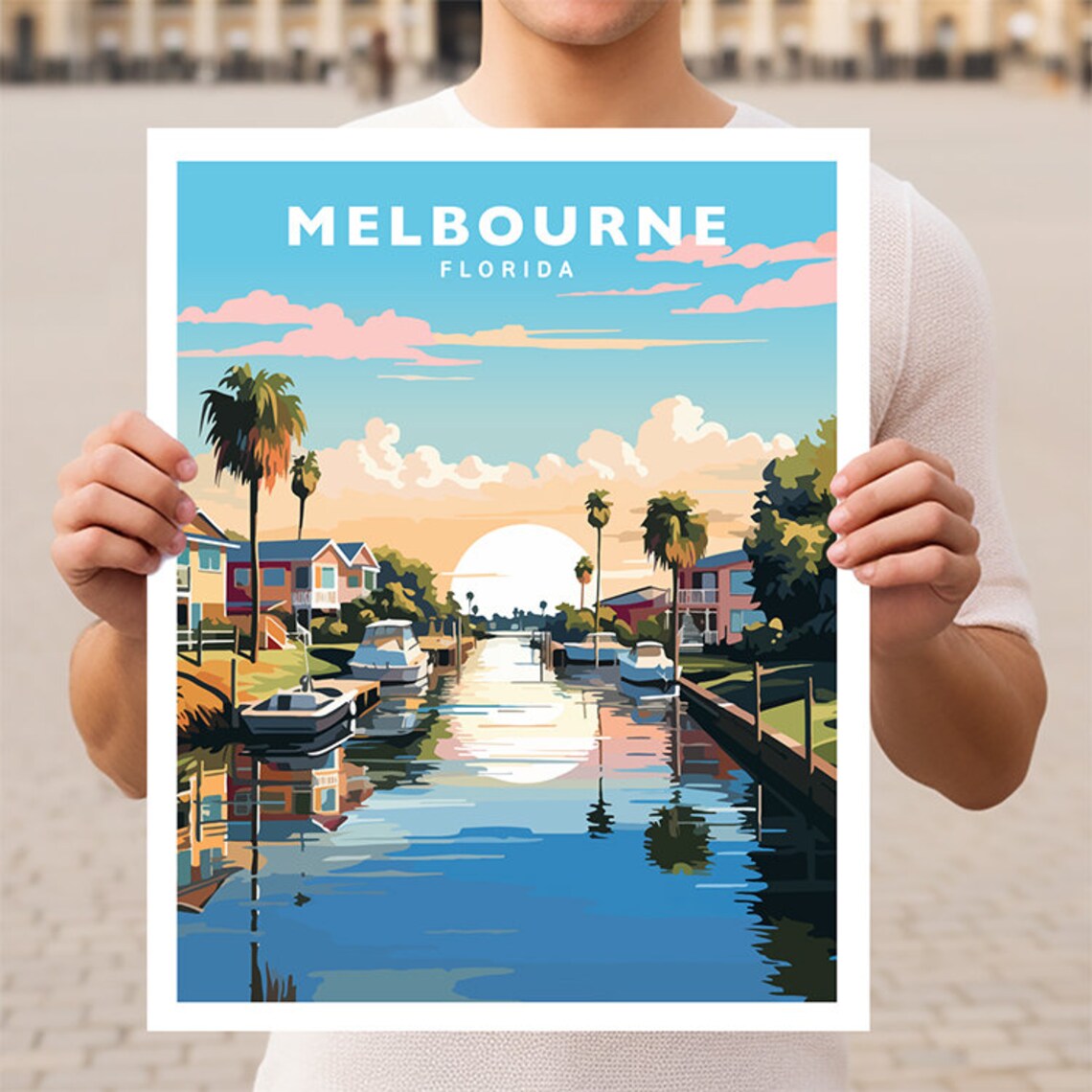 Melbourne Florida Sunset Canal Boats Waterfront Travel Poster