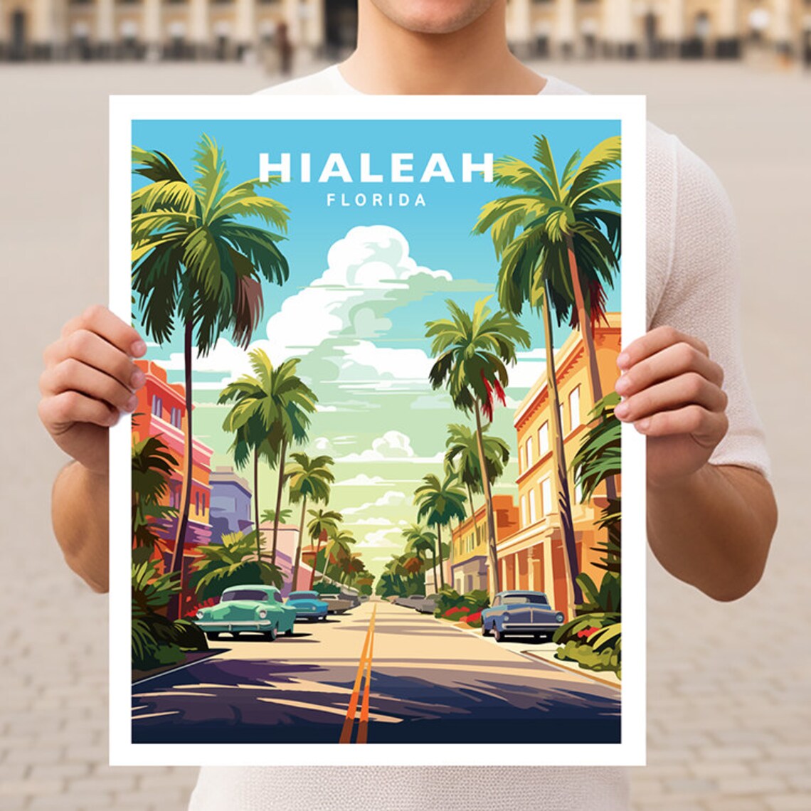 Hialeah Florida Palm Avenue Classic Cars Vintage Travel Poster