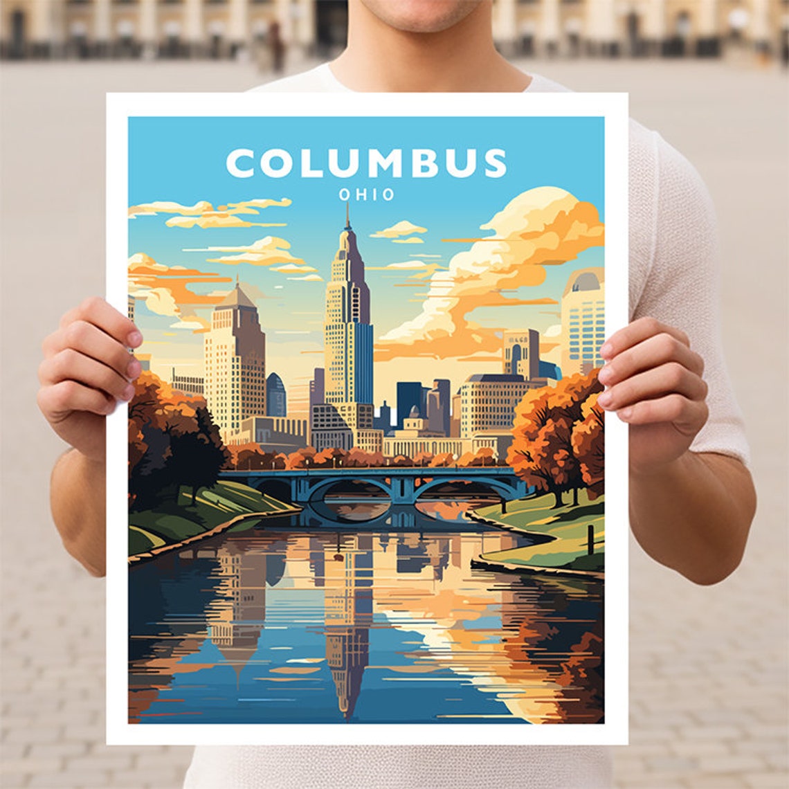 Columbus Ohio Skyline River Bridge Autumn Sunset Travel Poster