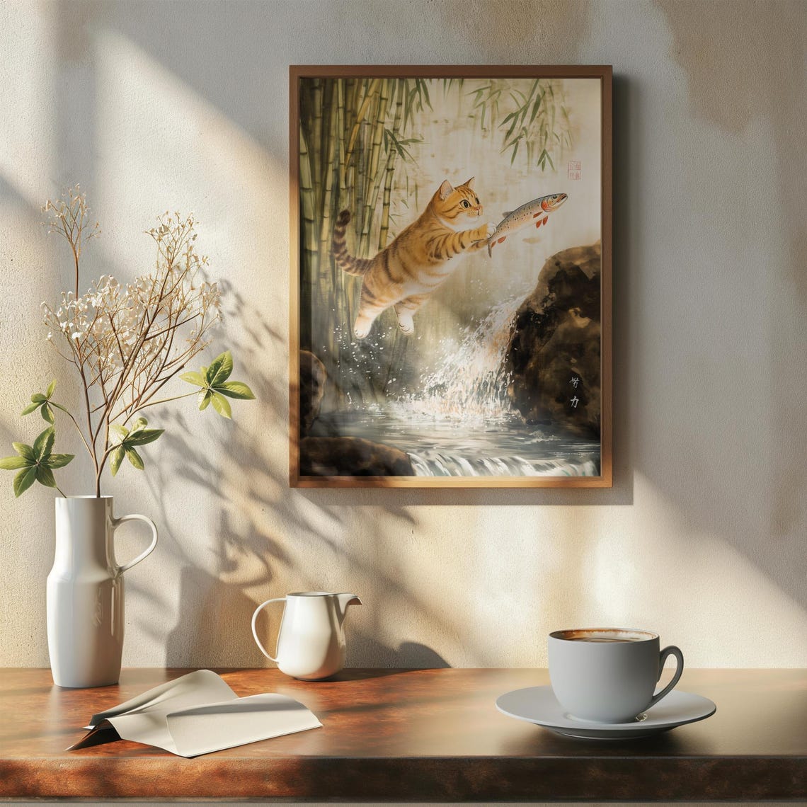 Orange Tabby Cat Catching Fish At A Waterfall In Bamboo Poster - Image 7