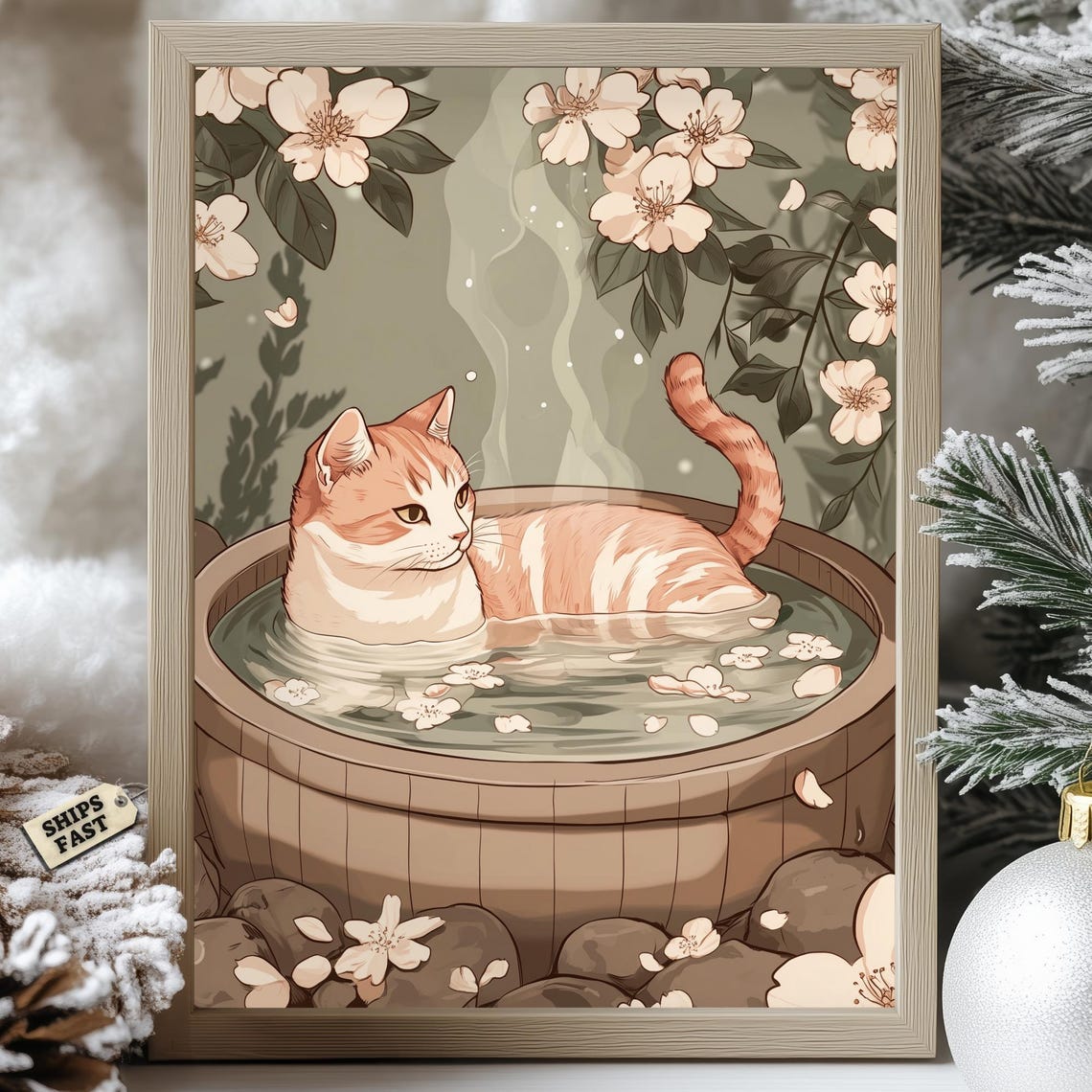 Cream Cat Soaking In Wooden Onsen With Cherry Blossom Poster