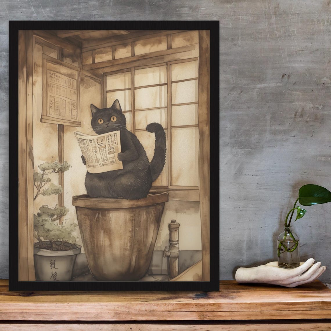 Black Cat Reading Newspaper On Wooden Tub Japanese Bath Poster - Image 3