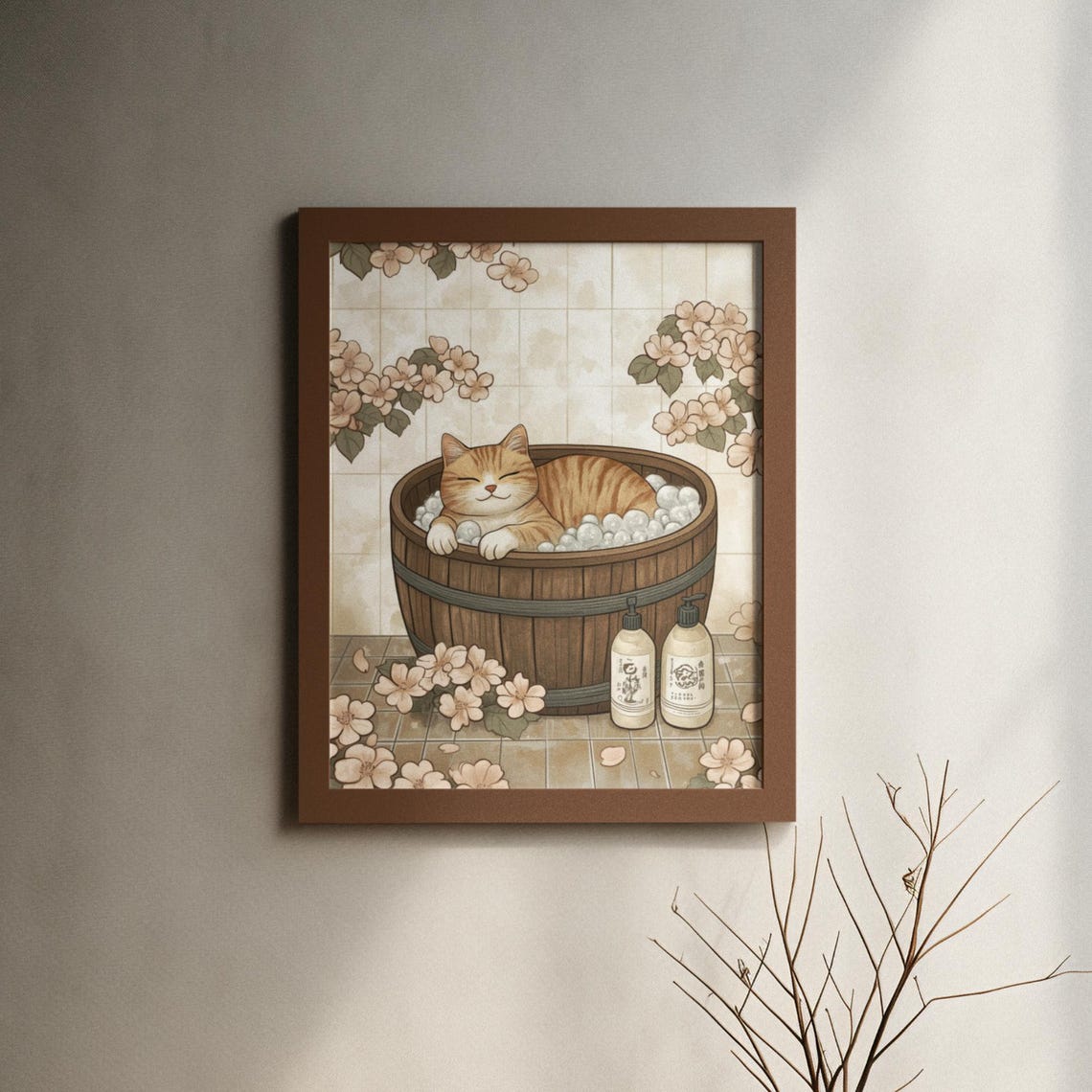 Orange Tabby Cat Relaxing In Wooden Tub Cherry Blossom Poster - Image 6