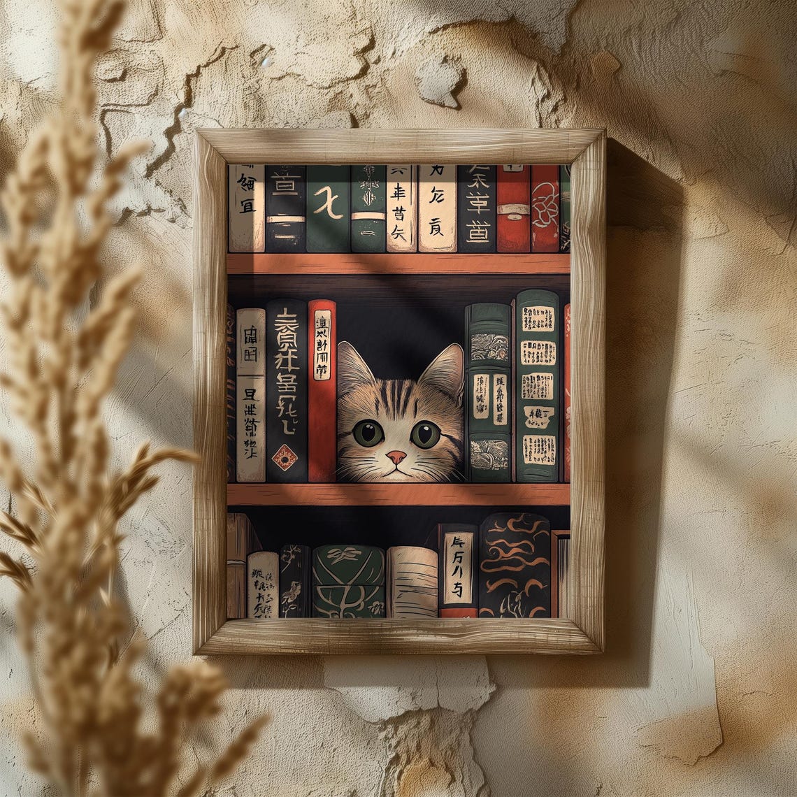 Cute Kitten Peeking From Japanese Bookshelf Vintage Art Poster - Image 5