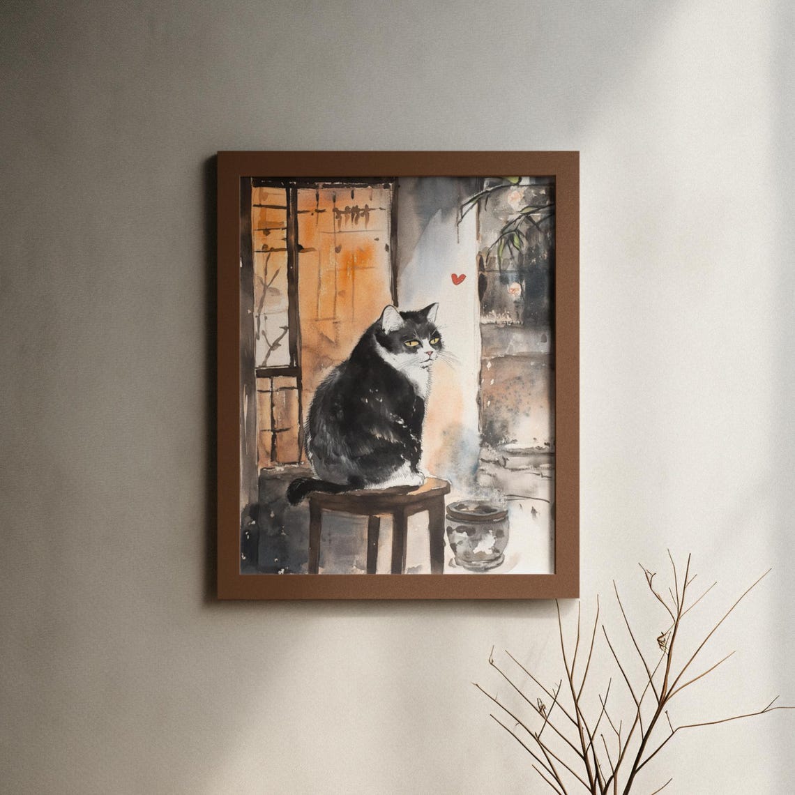 Tuxedo Cat On Stool By Glowing Shoji Window Red Heart Poster - Image 6