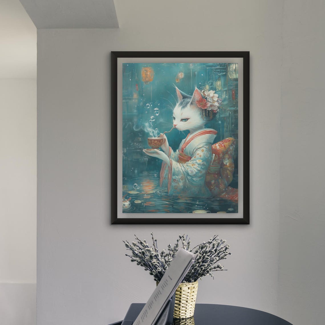 Elegant White Cat In Kimono Drinking Tea In Underwater Scene Poster - Image 4