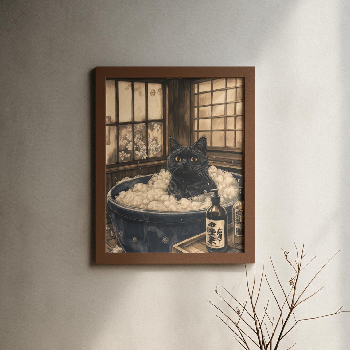 Black Cat In Bubble Bath With Blue Tub And Soap Bottles Poster - Image 6