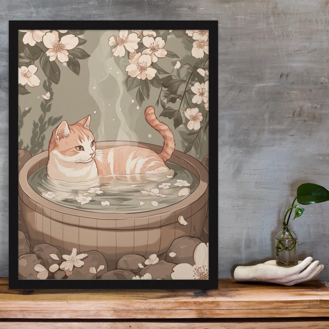 Cream Cat Soaking In Wooden Onsen With Cherry Blossom Poster - Image 4