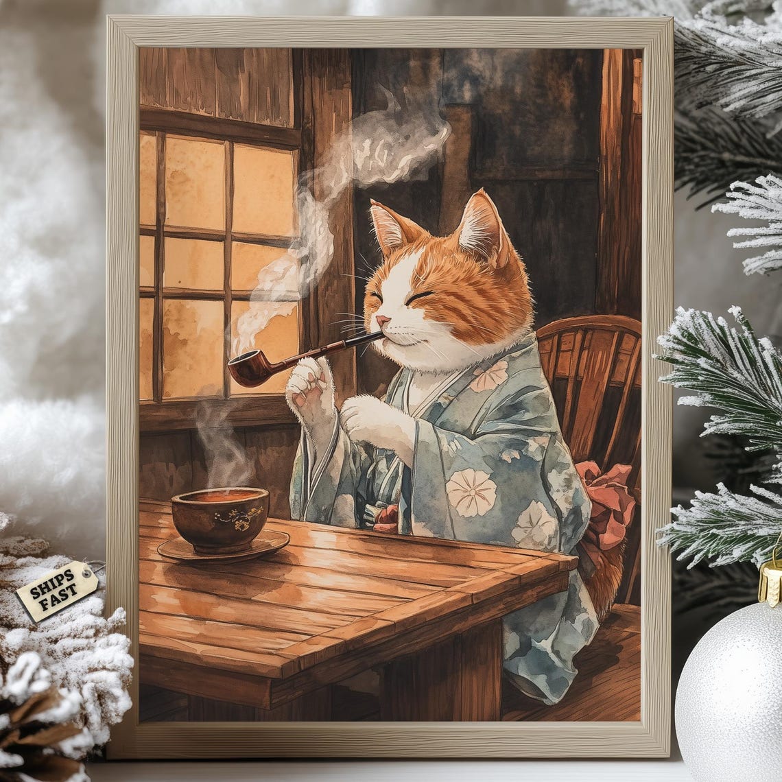 Orange Cat Smoking A Pipe In Floral Kimono At Tearoom Poster