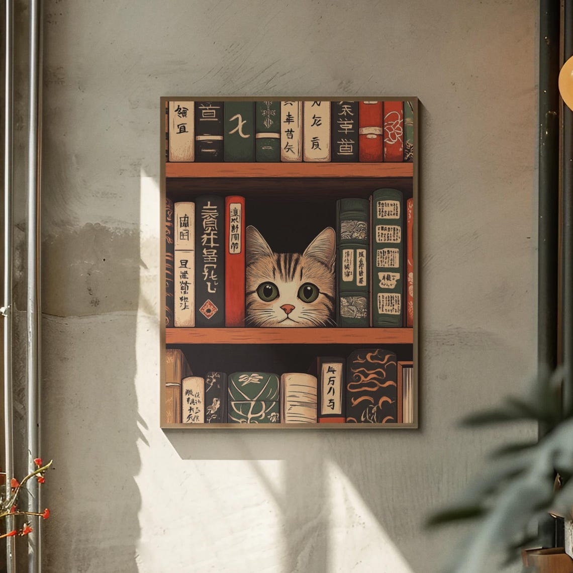 Cute Kitten Peeking From Japanese Bookshelf Vintage Art Poster - Image 2
