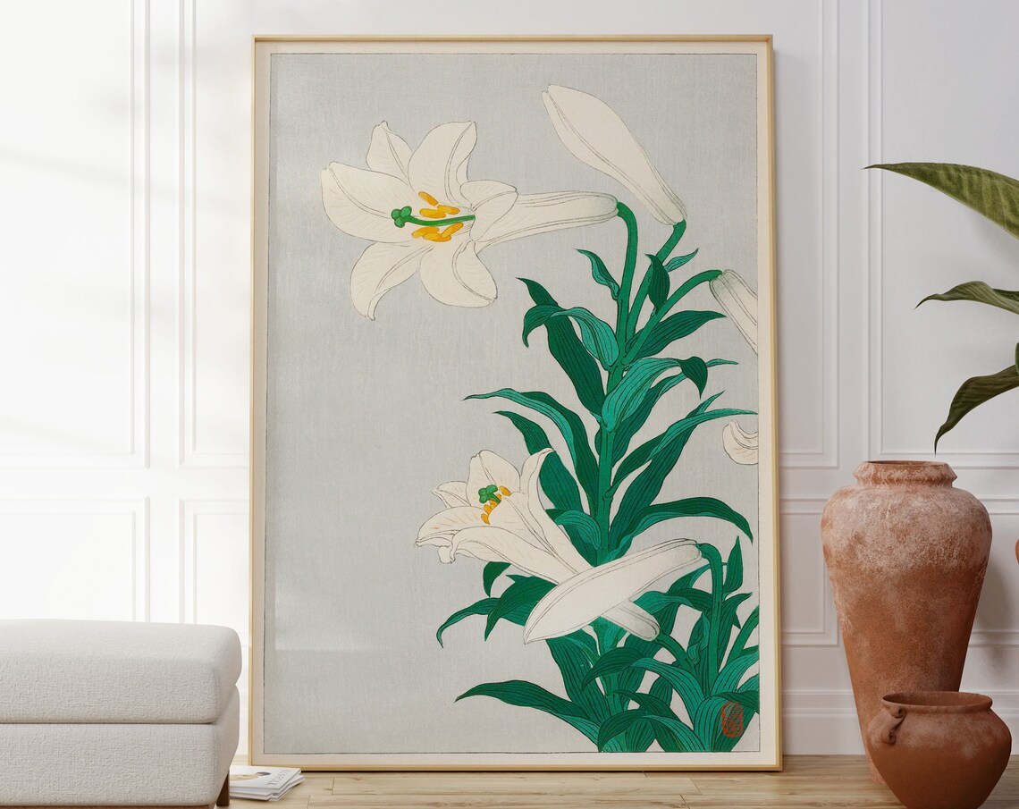 White Lilies Botanical Japanese Woodblock Ohara Koson Style Art Print