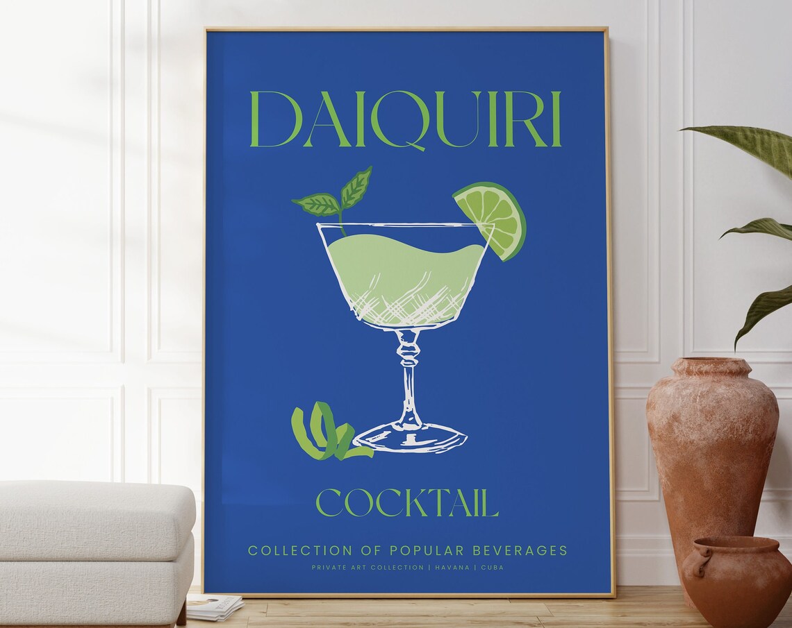 Daiquiri Cocktail Blue Illustration Tropical Bar Wall Art Poster