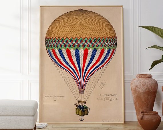 Hot Air Balloon Le Tricolore Print Vintage Art Poster Retro French Artwork Original Home Wall Art Decor Minimalist Vintage Art Gift