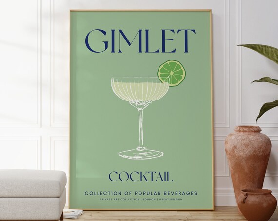 Gimlet Cocktail Illustration Lime Coupe Bar Art Minimalist Green Poster