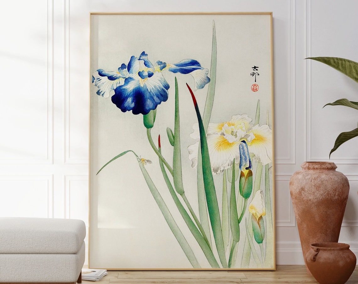 Blue Irises Japanese Woodblock Botanical Elegant Floral Wall Art Print