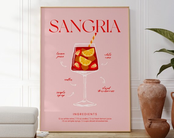Sangria Cocktail Ingredients Recipe Elegant Pink Bar Wall Art Poster