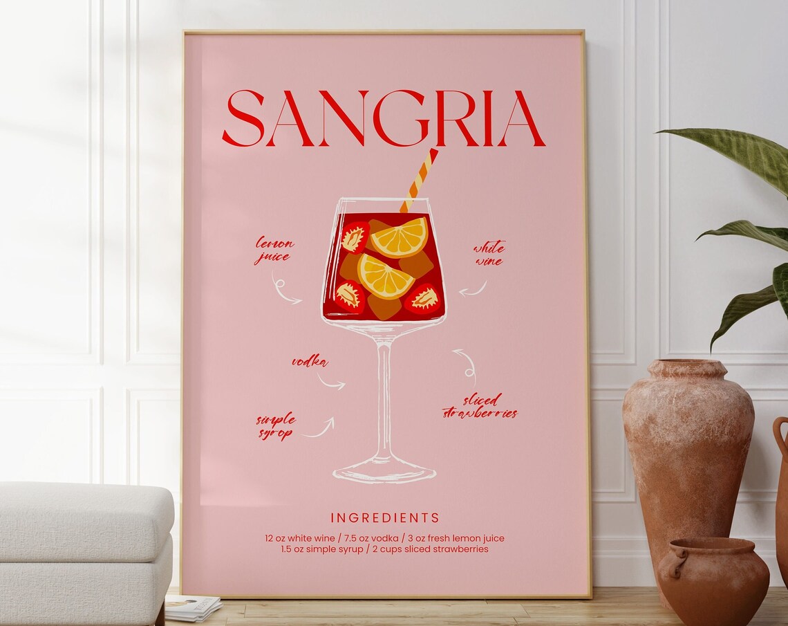 Sangria Cocktail Ingredients Recipe Elegant Pink Bar Wall Art Poster