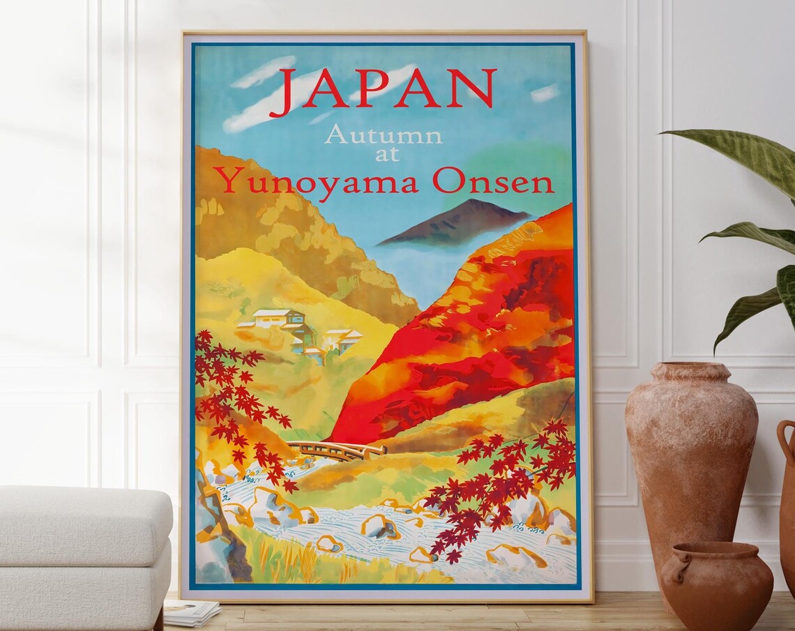Japan Autumn At Yunoyama Onsen Red Maple Valley Vintage Travel Poster
