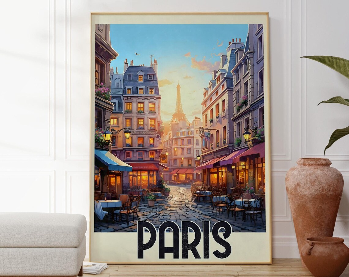 Paris France Cafe Street Eiffel Tower Evening Glow Travel Poster
