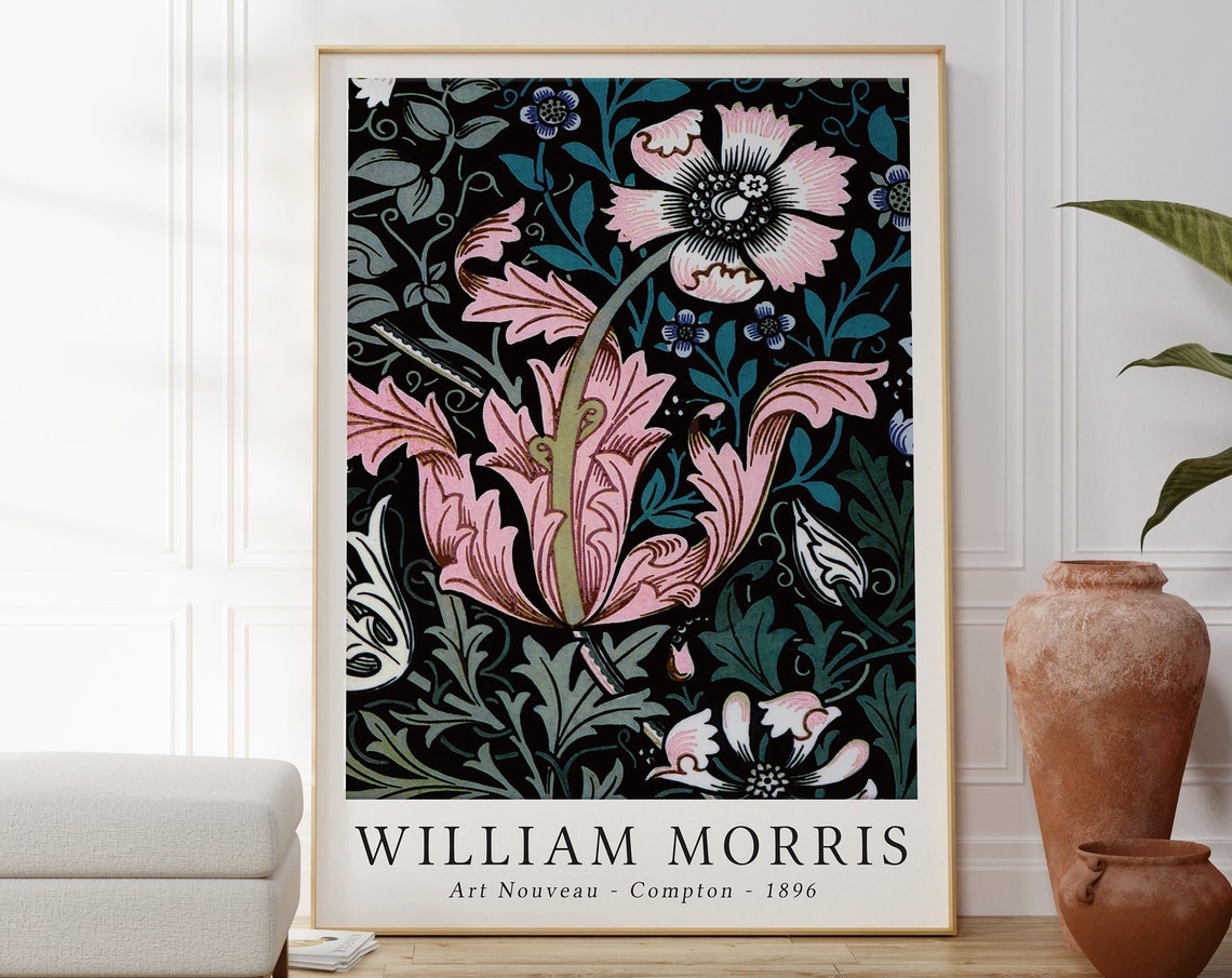 William Morris Compton 1896 Pink Floral on Black Art Nouveau Poster - Image 5