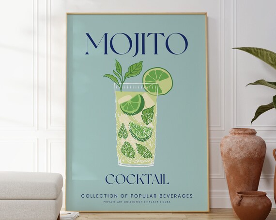 Mojito Cocktail Mint Green Illustration Classic Bar Wall Art Poster