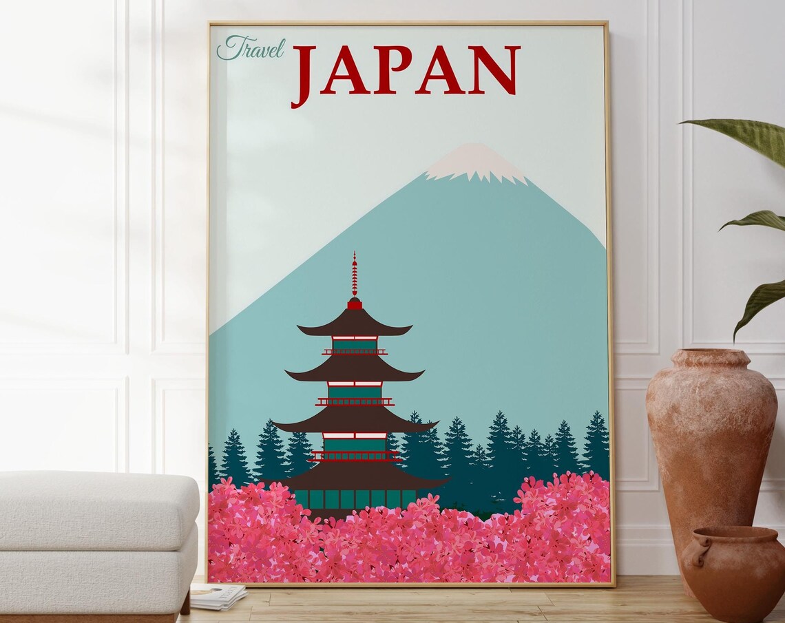 Japan Minimalist Travel Poster Mount Fuji Pagoda Cherry Blossom Scene