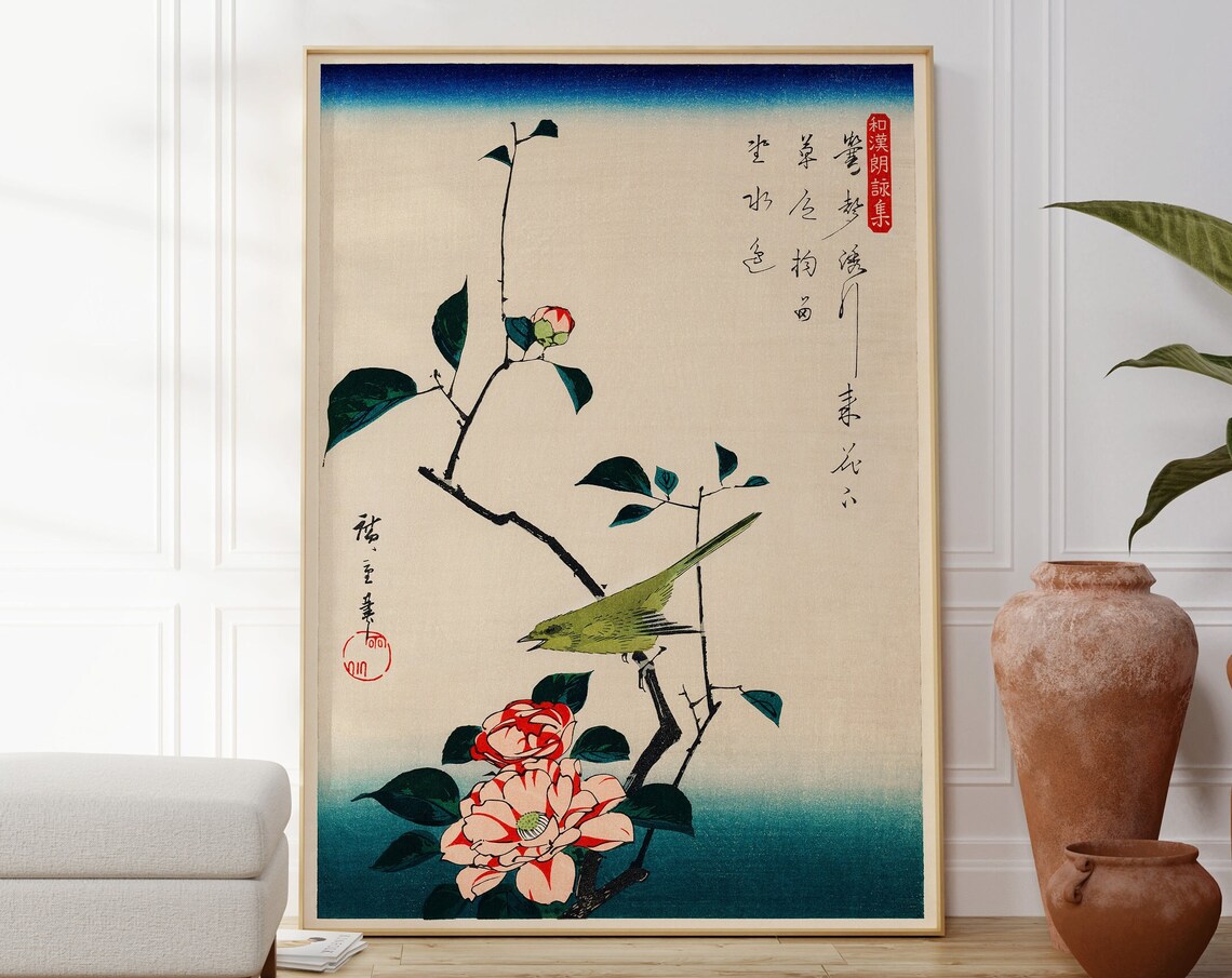 Hiroshige Camellia And Warbler Japanese Woodblock Bird Wall Art
