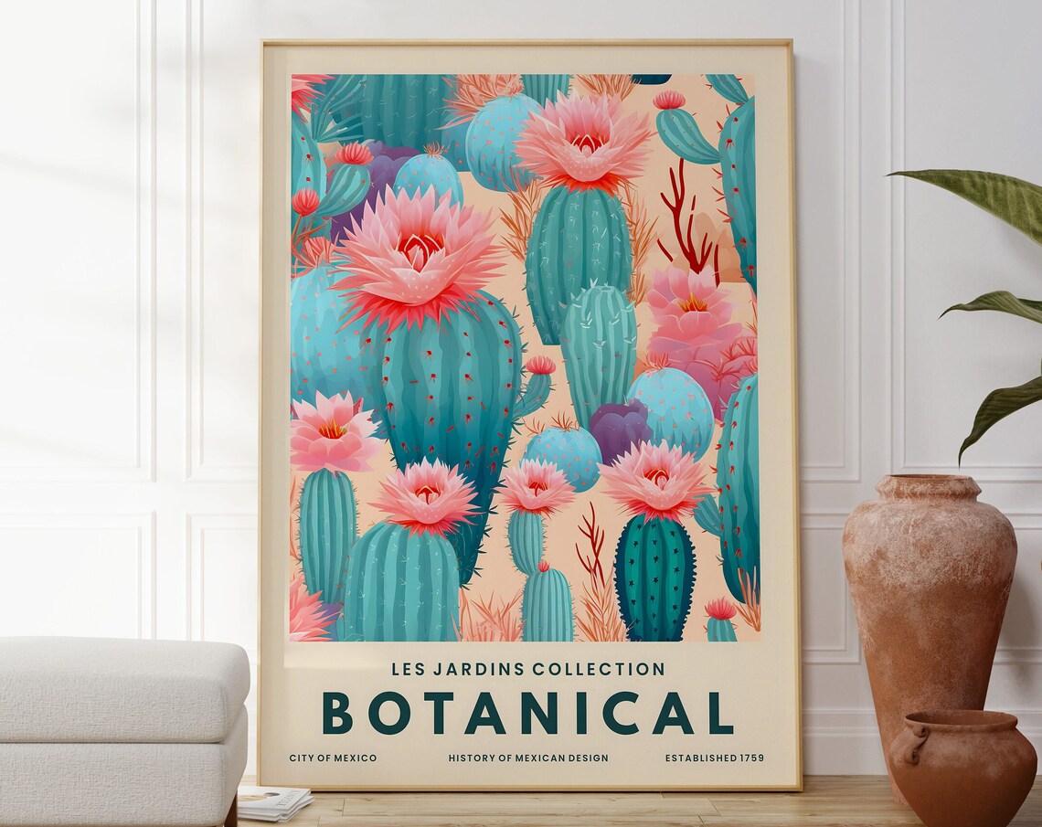 Blue Cactus Pink Flowers Mexican Botanical Les Jardins Art Poster