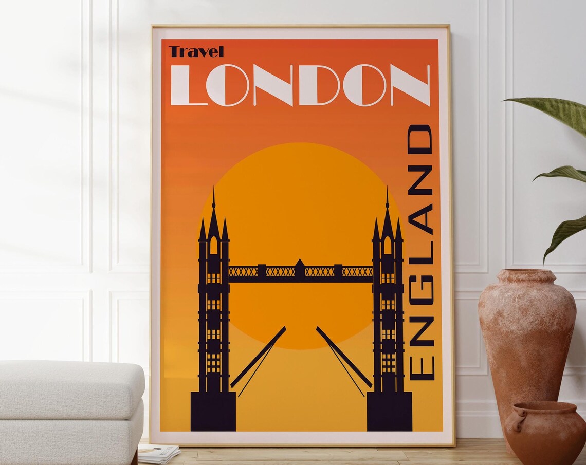 Travel London England Tower Bridge Orange Sky Retro Art Poster