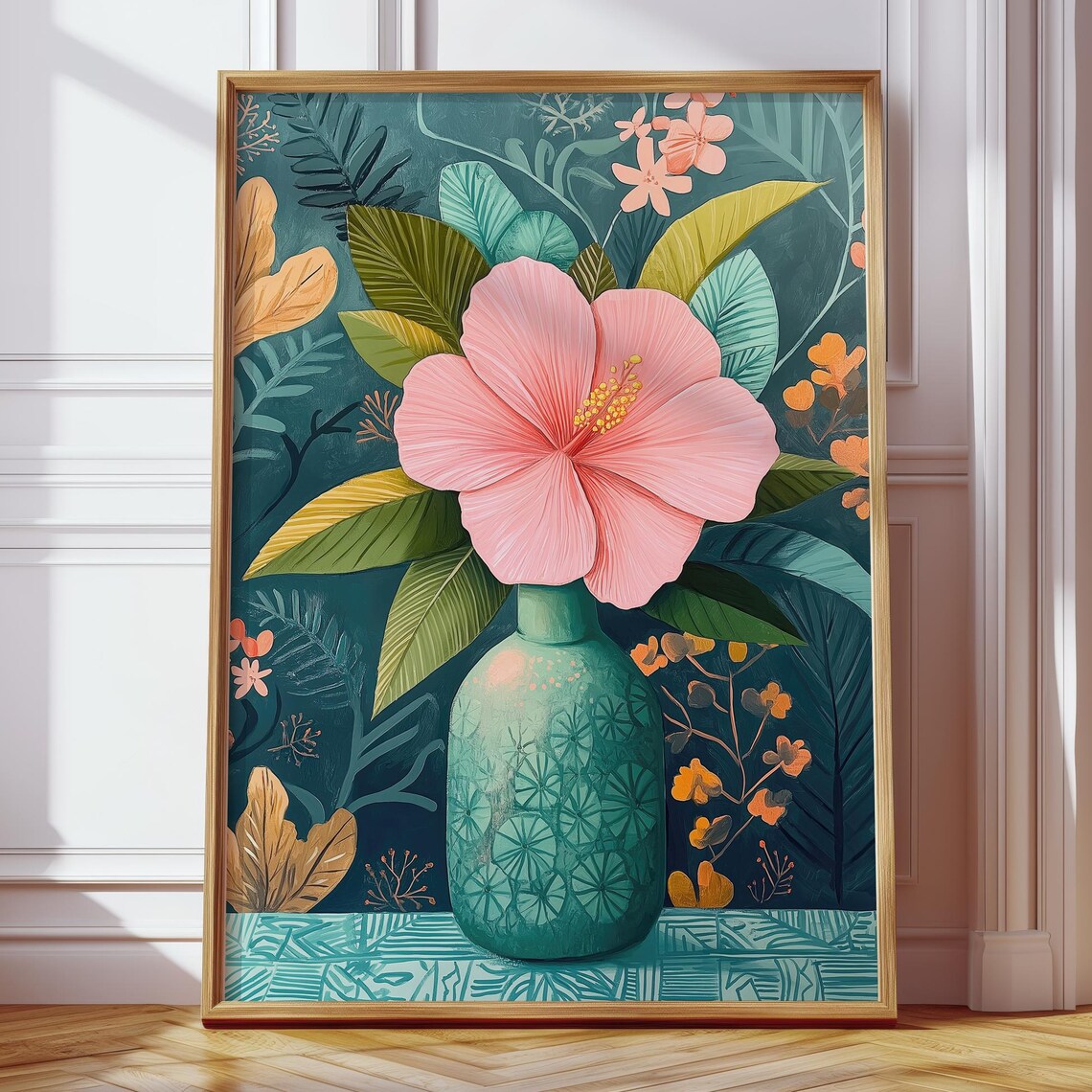 Pink Hibiscus Flower Green Vase Tropical Botanical Modern Poster