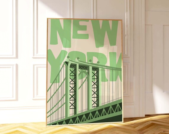 New York City Green Typography Suspension Bridge Skyline Travel Poster